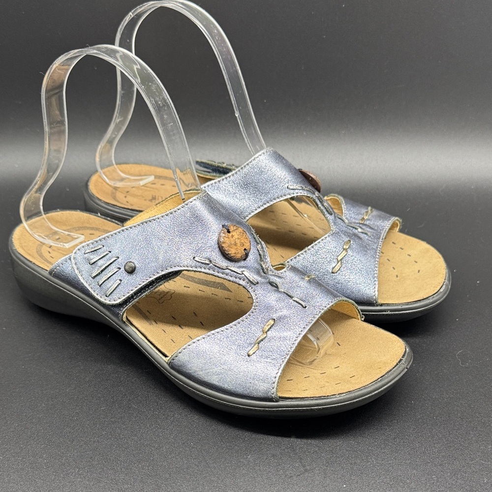 Romika Women's Metallic Silver Slip-On Sandals with Button Accent Sz 39